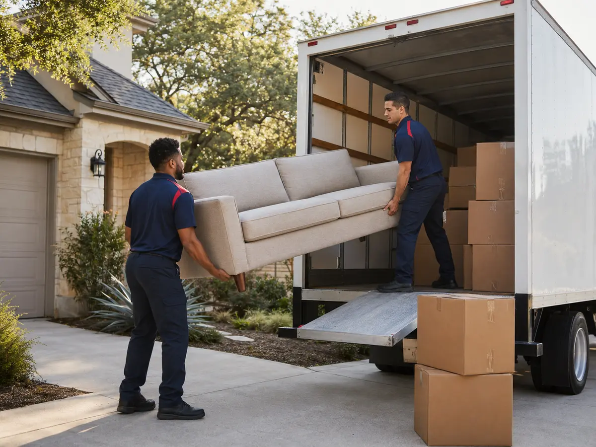 Professional moving crew loading furniture and boxes into a moving truck