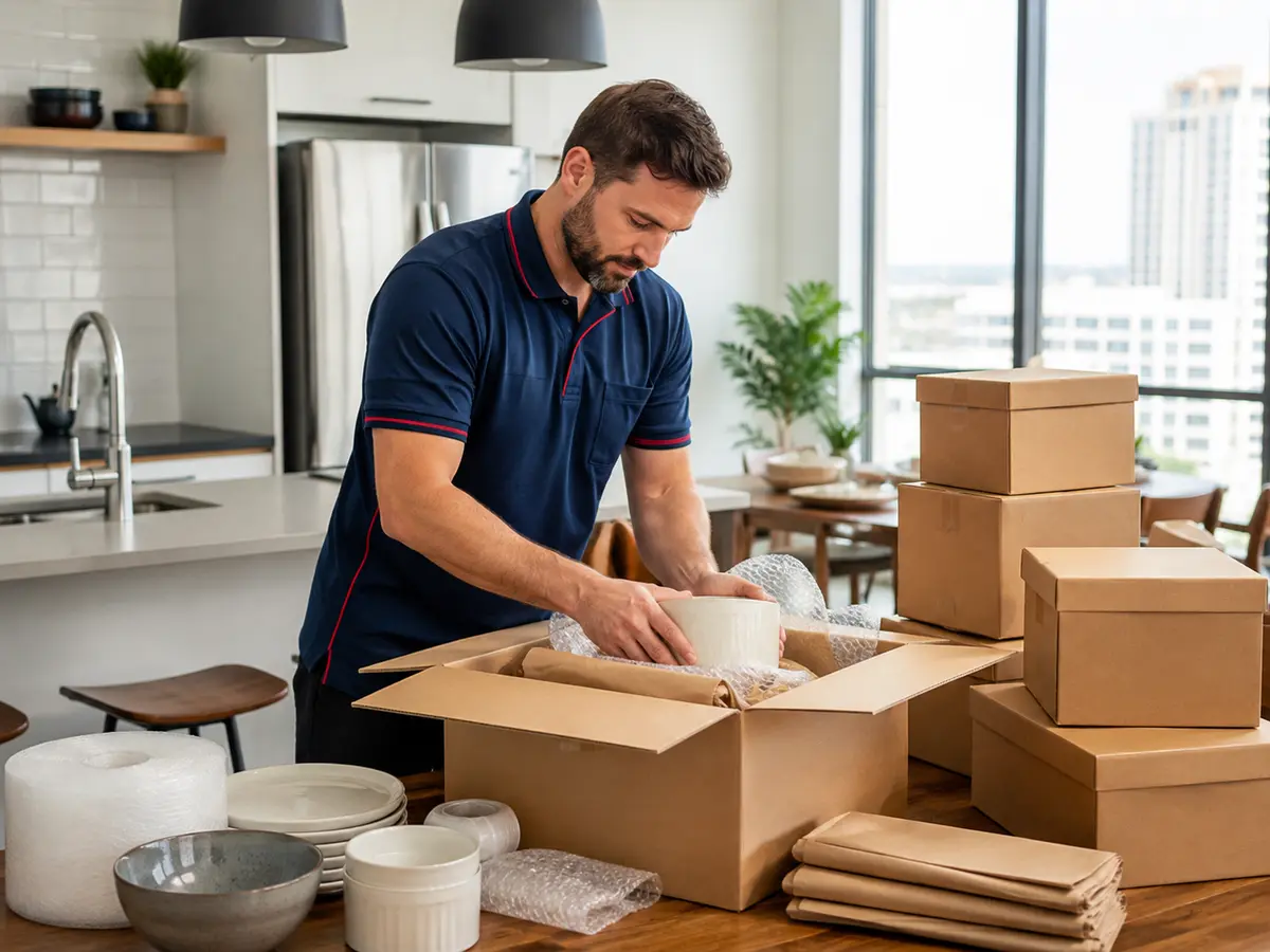 Mover carefully packing household items into boxes