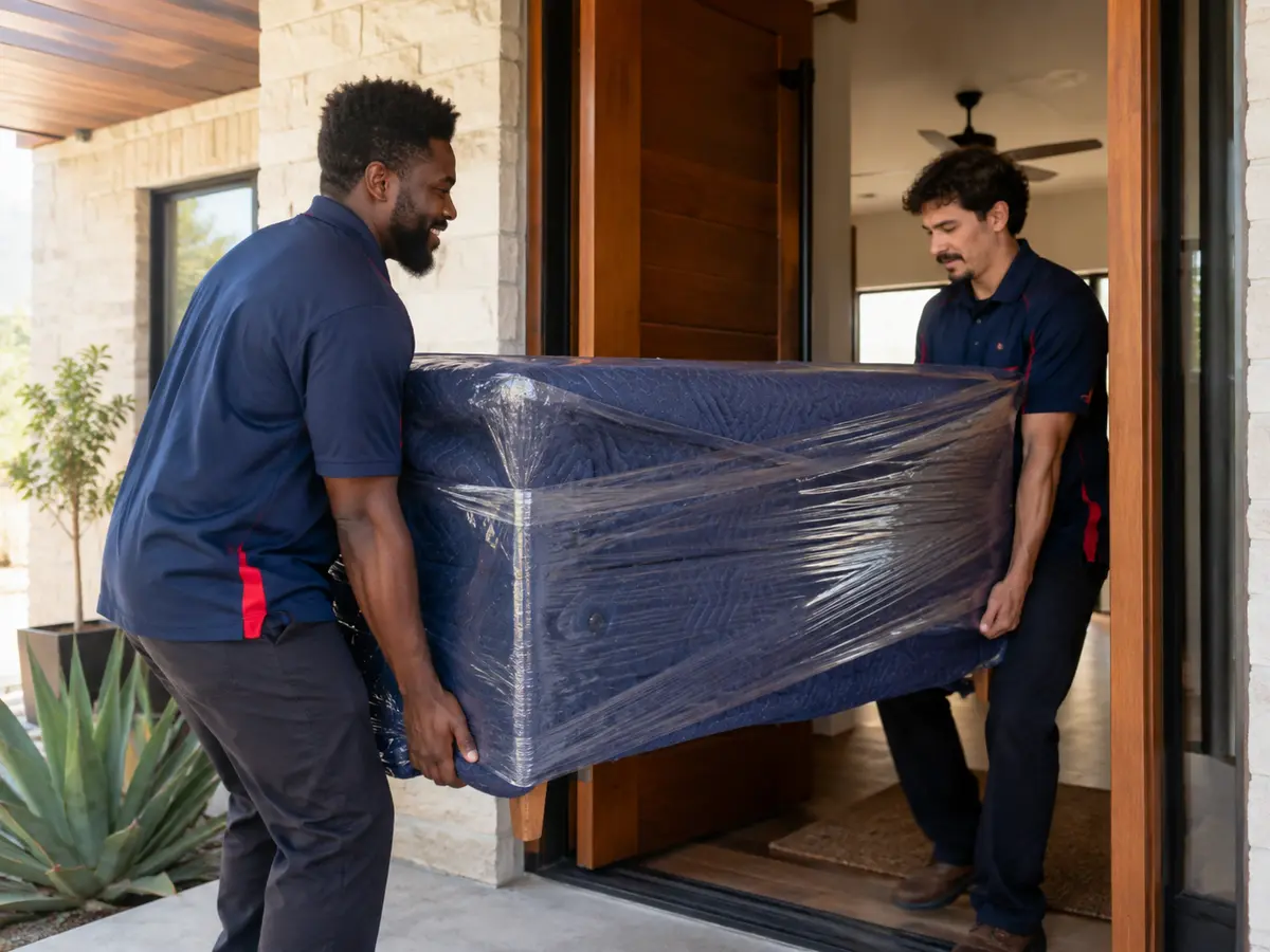 Moving crew carrying wrapped furniture safely into a home